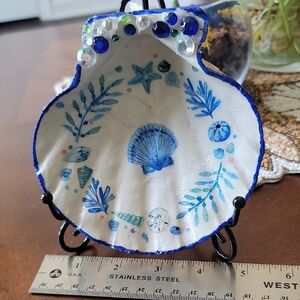 Ocean-Themed Blue and White Seashell Dish